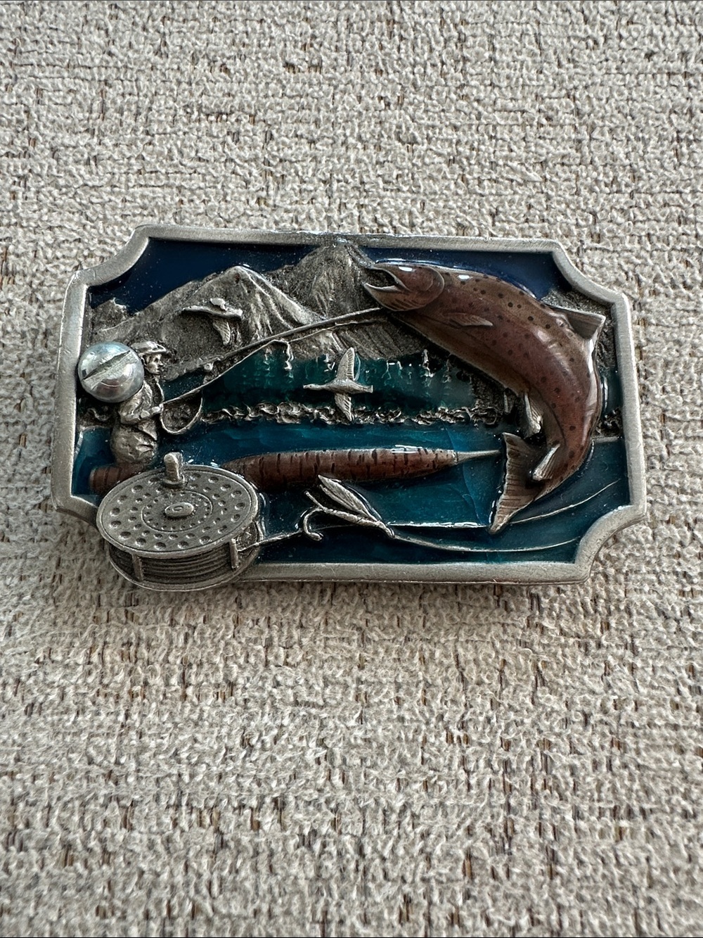 Vintage Siskiyou Stule X-27 Fly Fishing Enamel & Pewter Belt Buckle